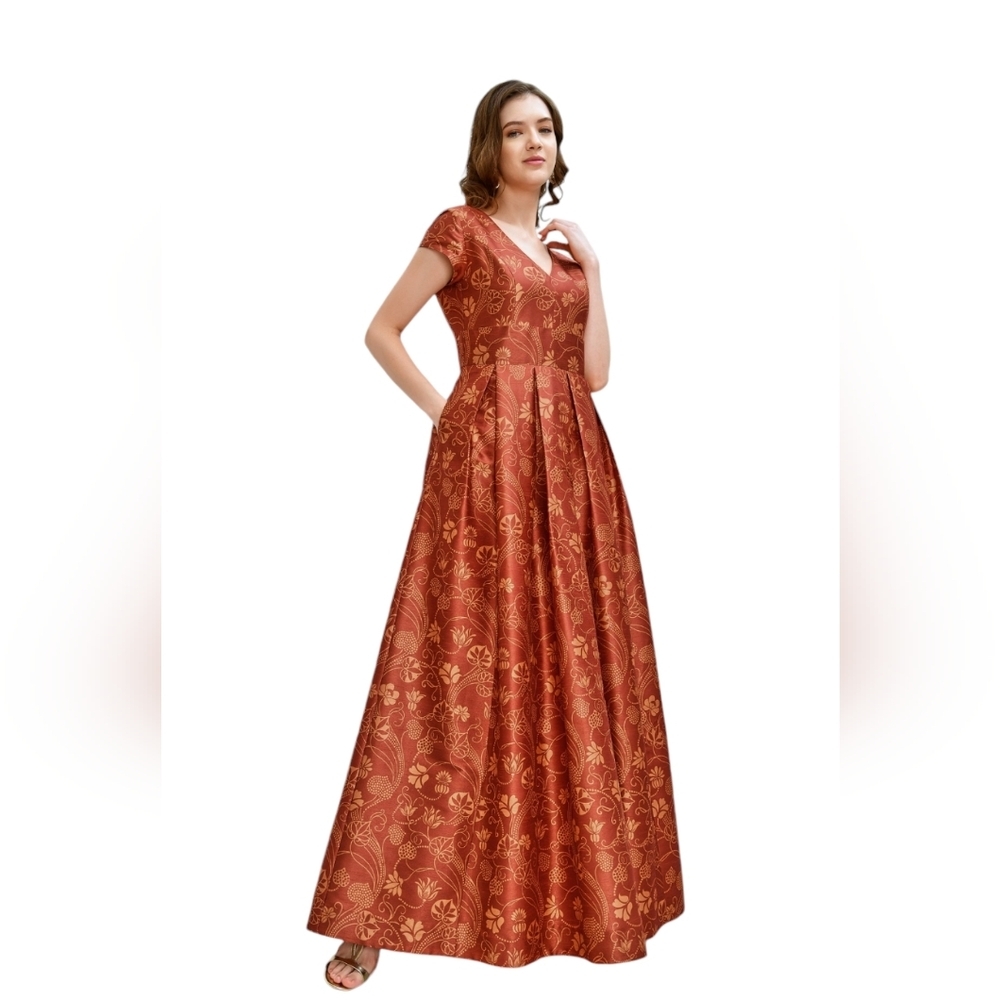 eShakti Floral print dupioni pleated empire dress sz 1X rust gold floral maxi